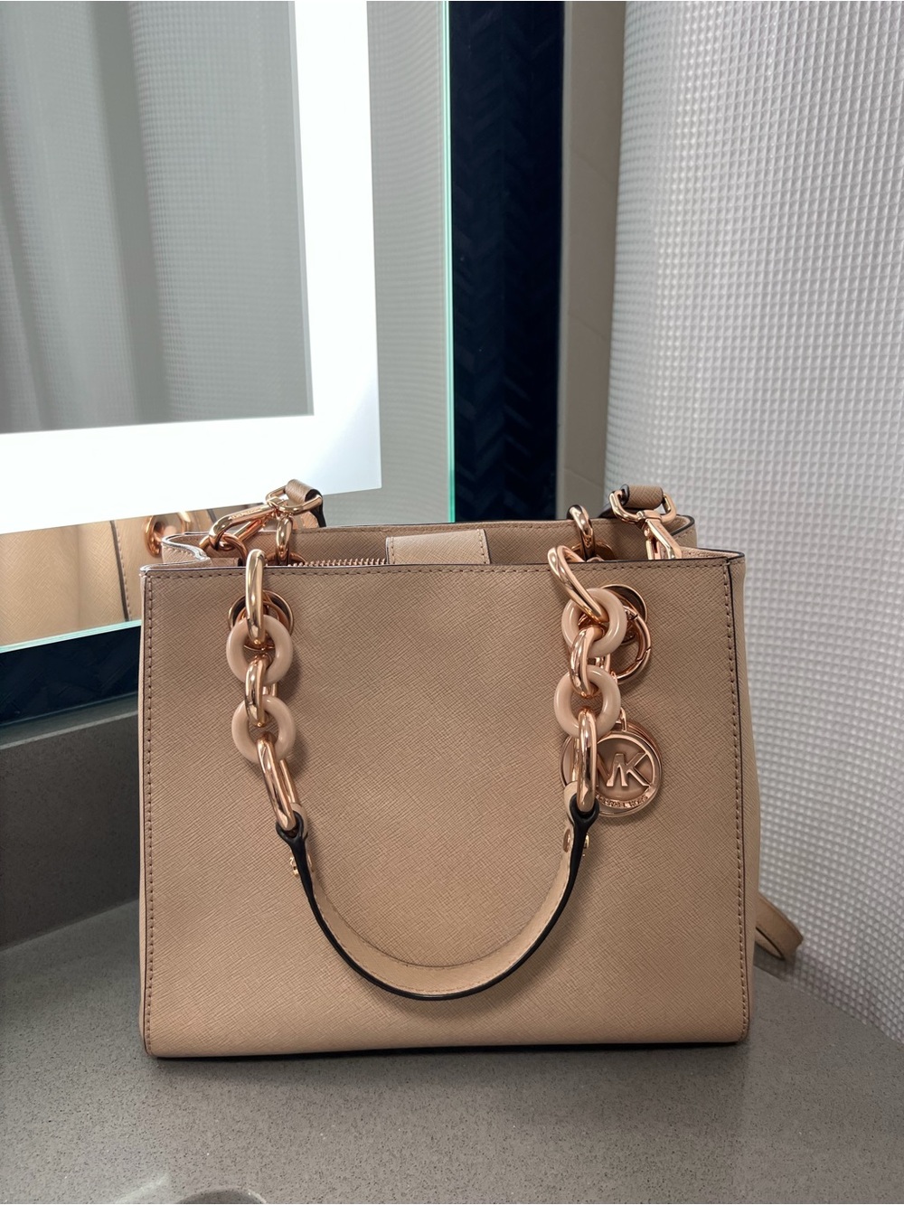 Michael Kors Beige Saffiano Satchel with Rose Gold Chain Detail